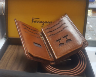 ست کیف و کمربند چرم طبیعی برند فرگامو